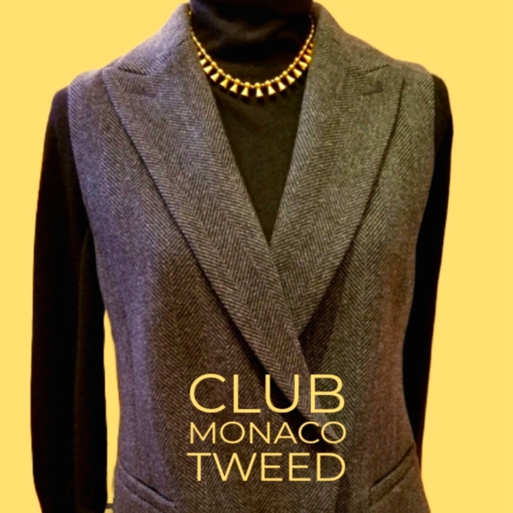 Club Monaco Charcoal Grey Tweed Vest with Pinstripe Lining.